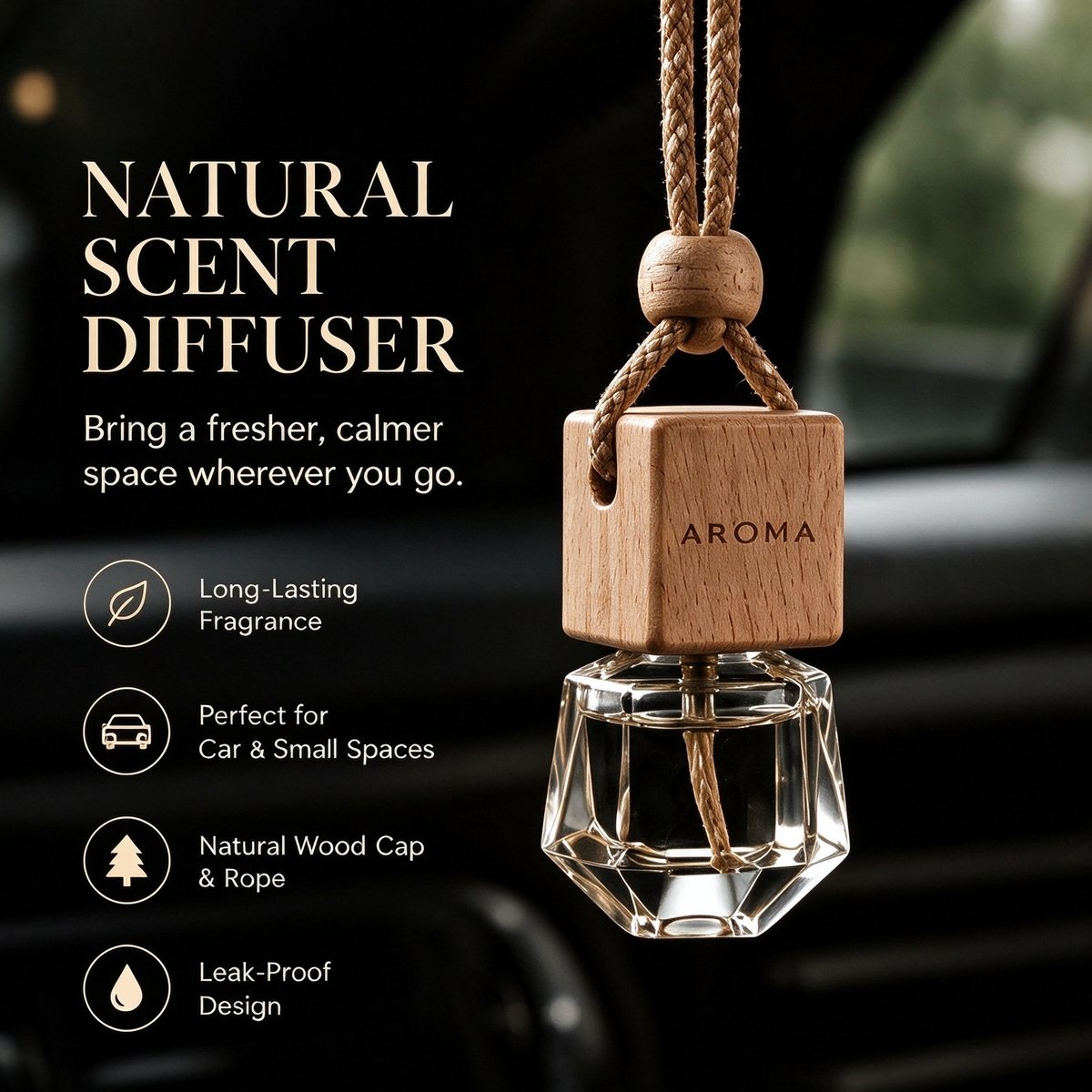 Natural Wood &amp; Crystal Glass Car Diffuser